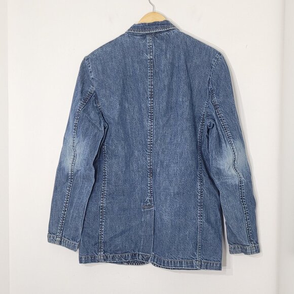 Guess Vintage Blue 100% Cotton Button Front Distressed Denim Blazer Jacket Large - Picture 4 of 12